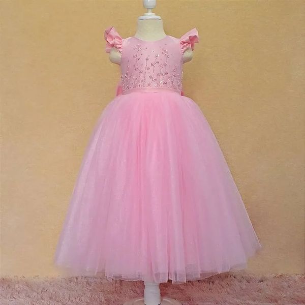 Luxo rosa flor menina vestidos jóia pescoço frisado tule sem mangas costas abertas com arco uma linha até o chão feito sob encomenda para crianças