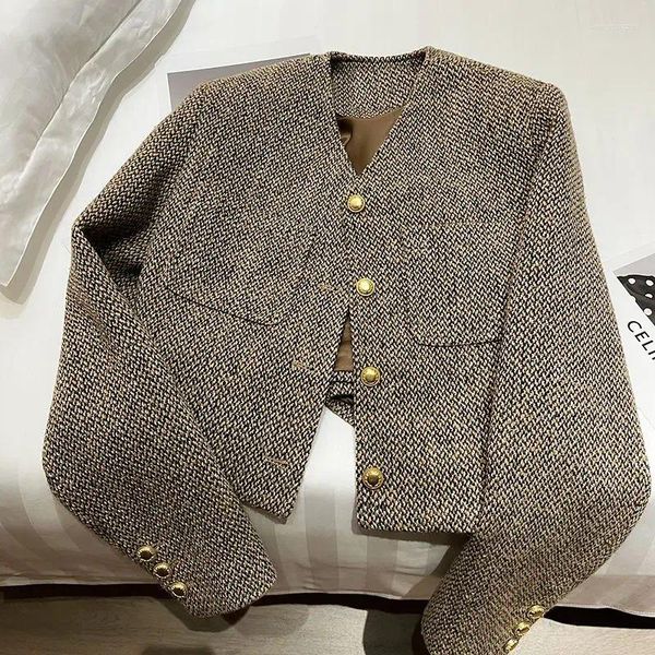 Damenjacken Khaki Kurze Herbstjacke Britisches einfaches Temperament Dame Woolen Kleiner Duft Top Cardigan Mantel Frauen Kleidung Vintage