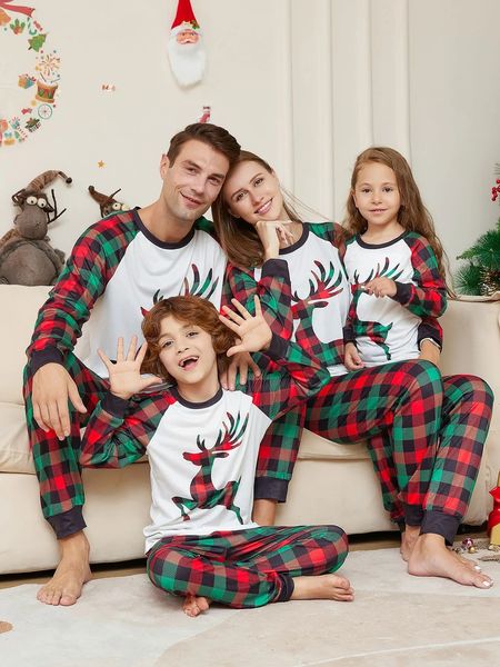 Família combinando roupas 2024 pijamas de natal ano elk xadrez impresso pijamas conjunto bebê macacão natal pijamas 231204