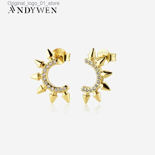 Stud ANDYWEN 925 Sterling Silver Gold Moon Spike Stud Pendiente Piercing Mujeres 2022 Invierno Rock Punk Joyería fina Regalo Joyas de cristal Q231205