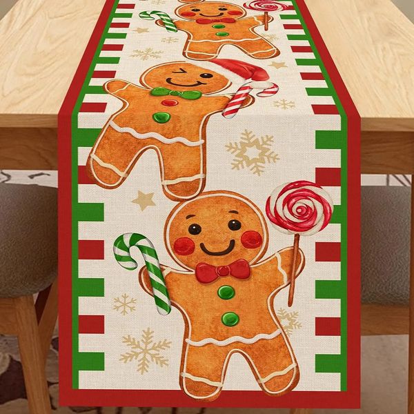 Toalha de mesa Natal Gingerbread Man Linen Runners Cozinha Decoração Xmas Santa Snowflake Jantar Decoração 231204