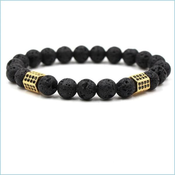 Braccialetti con ciondoli Bracciale con perline di lava Pietra naturale Uomo Cz Zircone Fascino Pistola di colore Nero / Argento / Oro Braccialetti con gioielli a goccia Dhblv