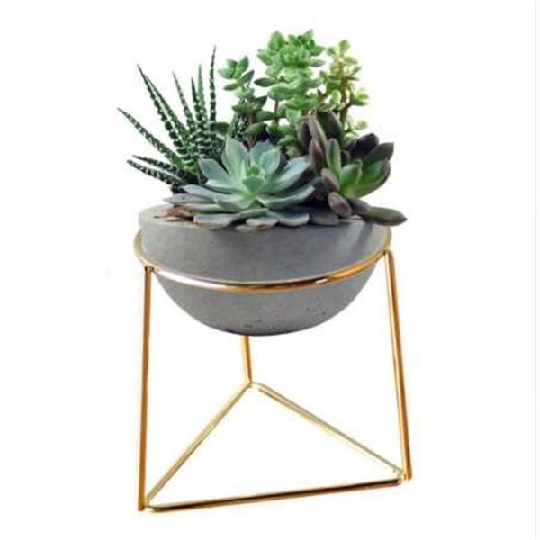 Criativo desktop branco mini cerâmica planta vasos de flores plantador com suporte de ferro geométrico dourado para flores suculentas plants225t