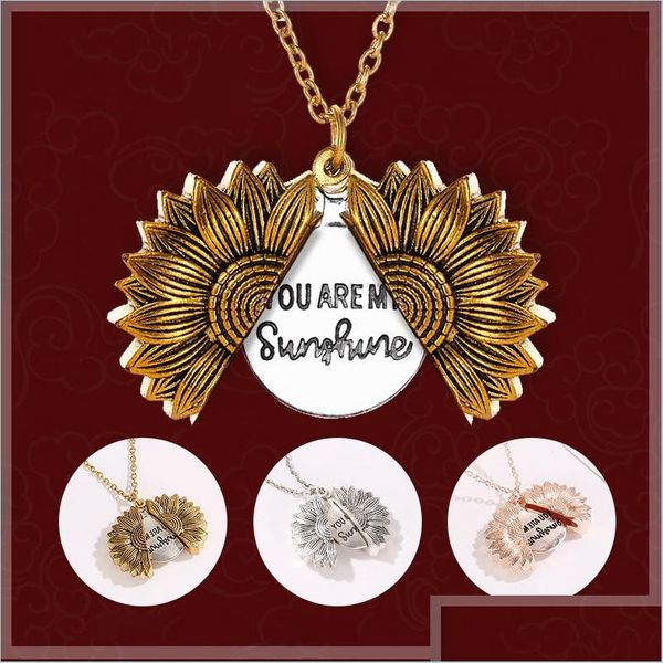 Anhänger Halsketten Antik Gold Sier Open Medaillon Halskette Graviert You Are My Sunshine Sunflower Einzigartige Party Schmuck Geschenk Drop Deliv Dhroi