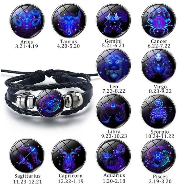 12 Zodiac Constellation Luminous Charm Armband für Männer Frauen Leder geflochtenes Seil Armband Armreif Armband verstellbar Horoskop Handkette Großhandelspreis