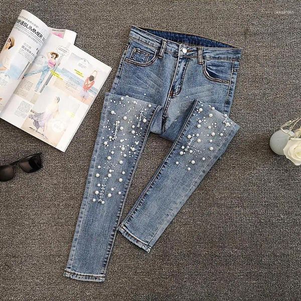 Damen Jeans Frühling Herbst Streetwear Frauen Vintage Blau Slim Diamanten Hohe Taille Knöchellange Denim Hosen Hosen Mama Z153