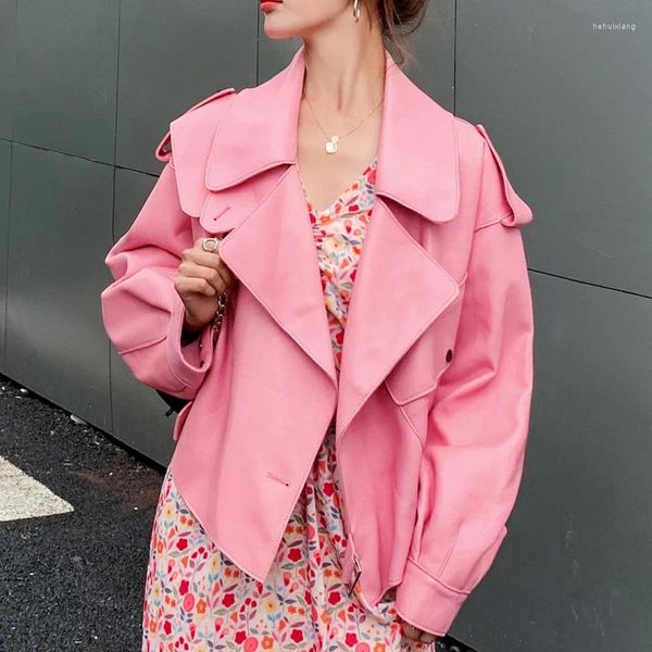 Женская кожаная весенняя женская куртка из искусственного меха, байкерское розовое пальто с отложным воротником, мотоциклетные куртки из искусственной кожи, свободная уличная одежда, повседневная верхняя одежда