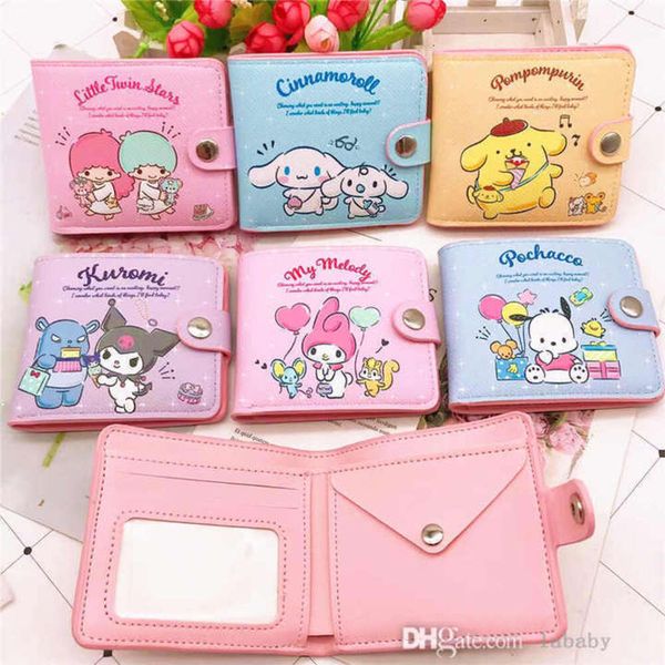 Desenhos animados kawaii kuromi melodia couro do plutônio mini moeda bolsa titular do cartão de dinheiro botão curto carteira designer saco adorável titular do cartão carteiras