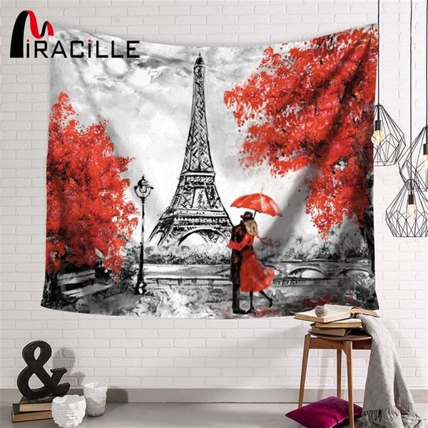 Miracille Europe Romantic City Parigi Torre Eiffel Modello Arazzo Appeso a parete per la casa Decorativo Tessuto da parete in poliestere Tappeto T2303x