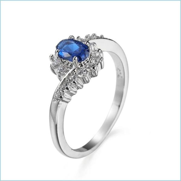 Anello solitario Bk 3 pezzi / lotto Regalo di festa per donna Gioielli Unico Cristallo blu Gemme di zirconi cubici Argento sterling 925 Placcato Festa di nozze Dhkyd