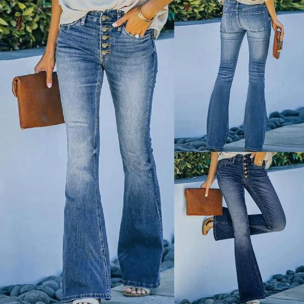 Jeans femininos outono flare calças casuais mulheres vintage cintura alta denim senhoras sexy moda estiramento bolso calças largas perna