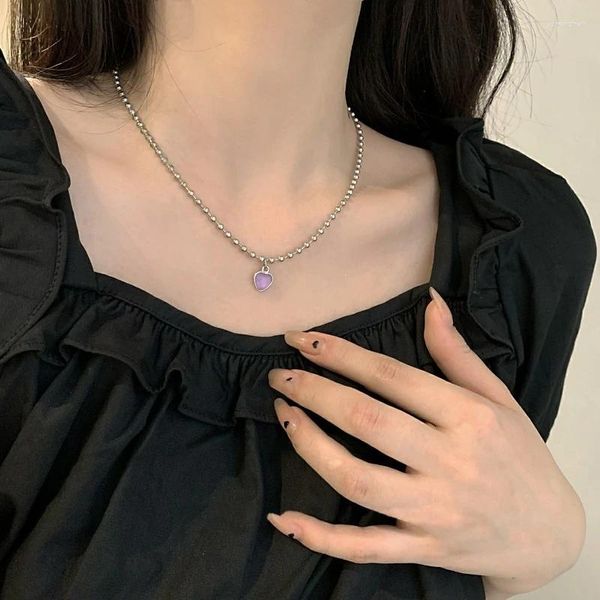Collane con ciondolo VSnow Progettato Collana con cuore d'amore viola per donna Accessori di gioielli metallici con catena minimalista con perline rotonde