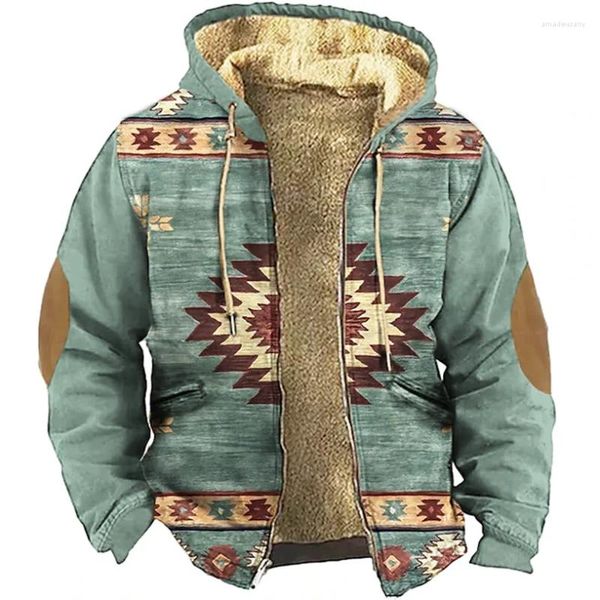 Herren Hoodies 2023 Winter Fleece Reißverschluss für Männer Vintage Bohemia Tribe Print Kapuze Jacken Kleidung Street Oberbekleidung Mantel mit Kapuze Reißverschluss