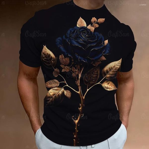 Camisas masculinas moda t-shirt 3d flor impressão manga curta tops rua casual rosa camisa streetwear oversized t roupas masculinas