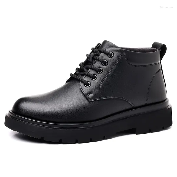 Botas masculinas formais de dedo do pé redondo tornozelo negócios vaca couro rendas neve masculino outono casual altos sapatos preto