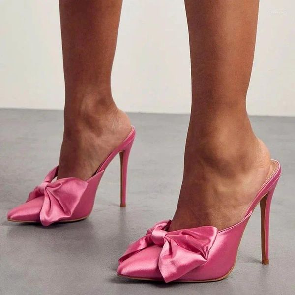 Sandalen Rosa Satin Bowtie Knot Spitzschuh Mule Slip On V Cut Shallow Cover Heels Sommer Fashion Club Kleid Schuhe