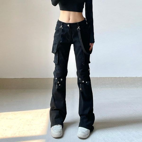 Jeans da donna Abbigliamento europeo e americano Pantaloni bootcut con tasche sulla gamba in metallo Punk