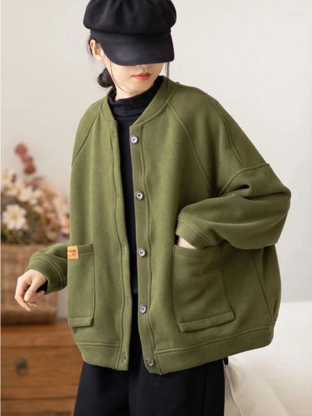 Frauen Jacken Frühling Herbst Rundhals Baseball Uniform Strickjacke Einfarbig Langarm Taste Koreanische Version Lose Wilden Mantel