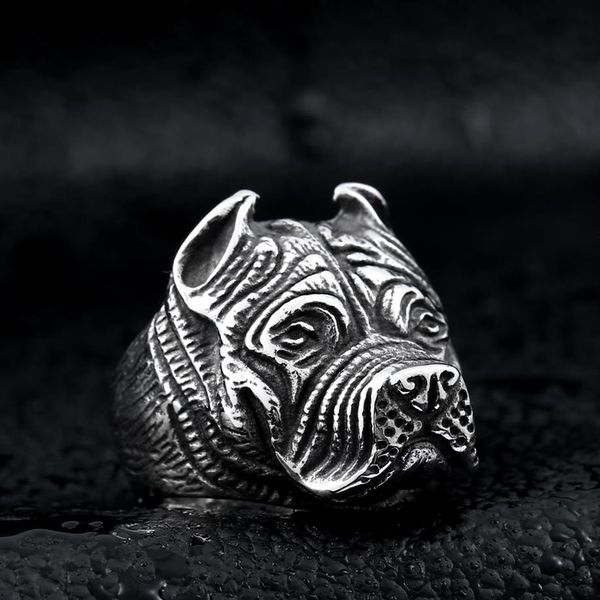 Anel vintage de aço inoxidável masculino, anel viking pitbull bulldog gótico pug cabeça de cachorro totem amuleto punk joias de animais para homens meninos280d