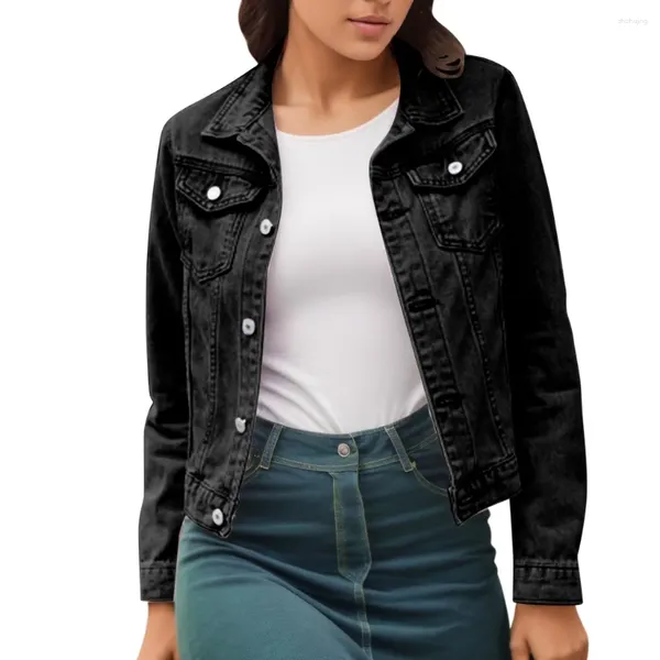 Jaquetas femininas 2023 outono denim para mulheres preto casual manga longa lapela botão para baixo jaqueta jeans senhoras cowboy casacos cortados