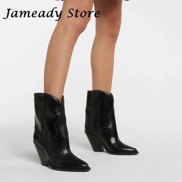 Botas de couro real ocidental cowboy botas para mulheres chunky salto alto botas curtas moda designer tornozelo botas senhora britânica botas de metal 231204
