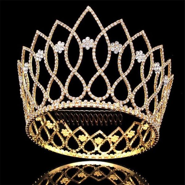 Luxo coroa alta enorme tiara completa redonda headpiece casamento cristal strass jóias nupcial flor floral pente de cabelo hair192i