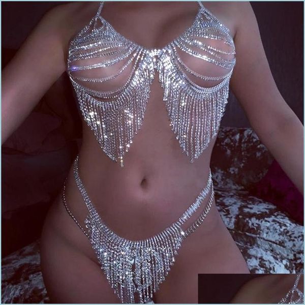 Altri set di gioielli Set di bralette di cristallo con nappa Set di bikini con catena superiore per il corpo Collana di reggiseno per donna Intimo Gioielli con strass Y Perizoma Panti Dhrdl