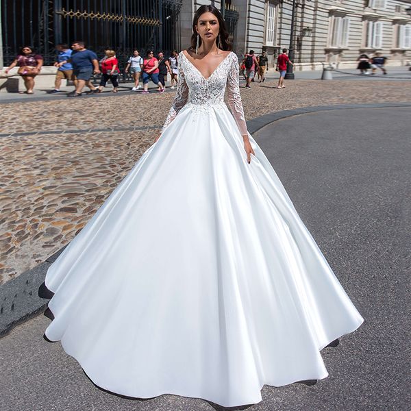 Атласные свадебные платья с длинными рукавами для женщин 2023, свадебное платье невесты с глубоким v-образным вырезом, стильное съемное кружево, простая аппликация, трапециевидной формы с открытой спиной