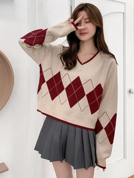 Damenpullover Ling Plaid Strickpullover Frühherbst Langärmeliges kurzes Design Locker sitzendes europäisches und amerikanisches Top