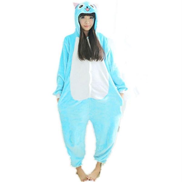 Flanel Anime Peri Kuyruk Mutlu Kedi Onesie Yetişkin Çocuklar Karikatür Cosplay Kostüm Kadınlar Pijamalar Yetişkin Mavi Kedi Onesies Sulma274r