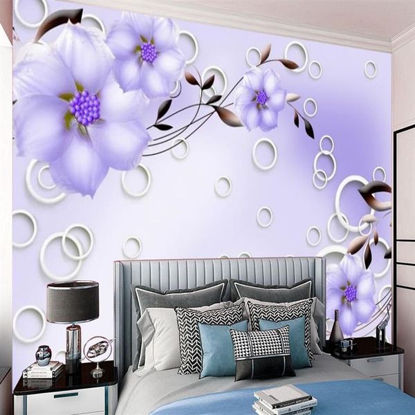 Papel de parede 3d flor roxa melhoria da casa romântico floral impressão digital pintura cozinha sala mural297h