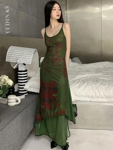 Повседневные платья Yedinas Fairycore, летнее платье на тонких бретельках, женское лоскутное сетчатое зеленое винтажное платье без рукавов, длинное платье макси Y2k