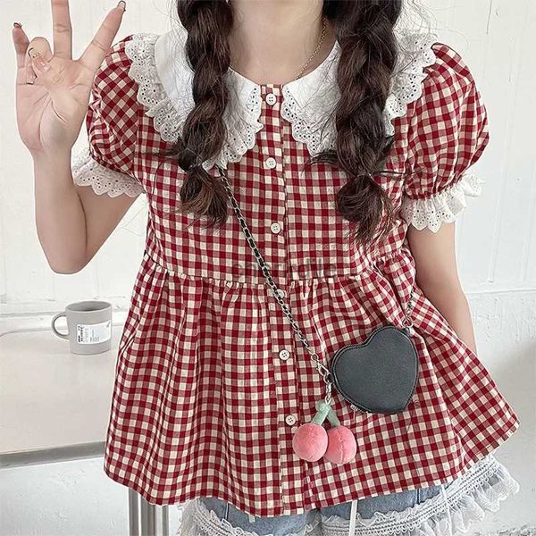 Blusas femininas Camisas Deeptown Camisas xadrez vermelhas Blusas fofas Mulheres Japonesas Kawaii Rendas Manga Puff Tops Estilo Preppy Vintage Lolita Sweet Girl Chic YQ231205