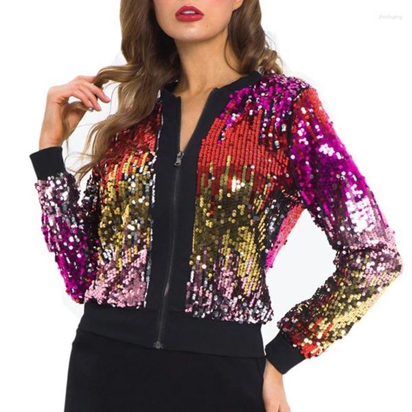 Giacche da donna Primavera Autunno 2024 Giacca con paillettes colorate sfumate Donna Patchwork Colletto alla coreana Manica lunga Cappotto corto Top Baseball