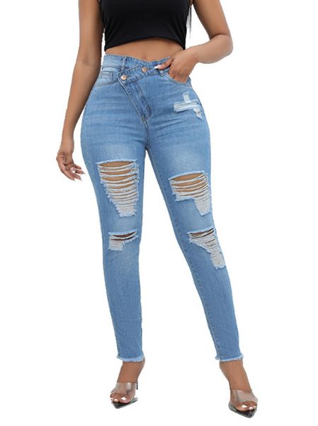 Jeans casual da donna Hiphop Slim Fori per il ginocchio strappati Distressed Vintage Nappa Sbiancato Vita alta Pantaloni femminili ad alta elasticità di alta qualità