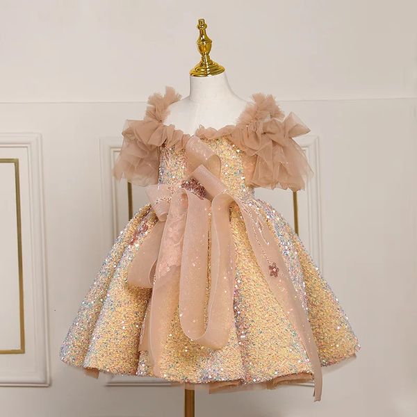 Kız Elbiseleri Çocuklar Balo Elbise Chictulle Omuz Kapalı Altın Prenses Çocuklar Parti Performans Kostüm Balo Gown2023 231205