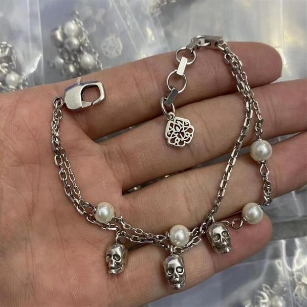 Pulseira com pingente de caveira de pérola, corrente de camada dupla, ouro, prata, esqueleto, feminino, luxuosa, amor eterno, pulseira para mulheres, meb1k072949