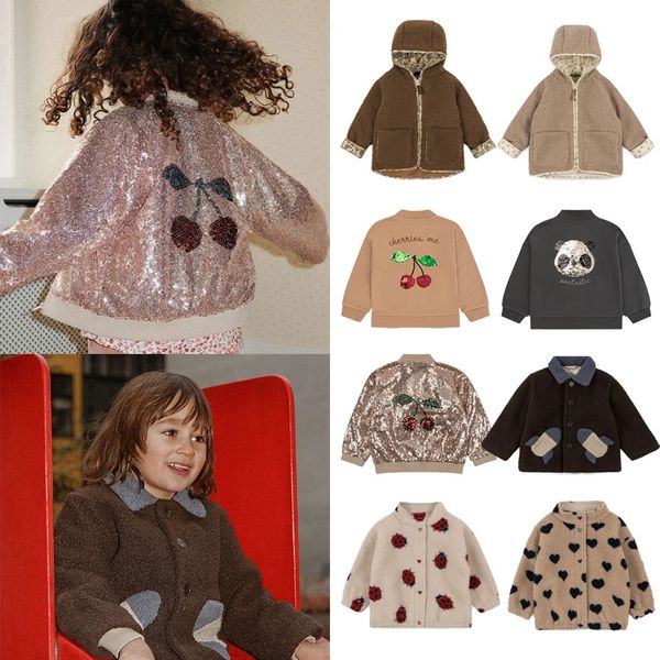 Cappotto Konges Slojd Ragazzi Panda Paillettes Pile Capispalla Ragazze Ricamo Ciliegia Giacca Bambini Cotone con cappuccio Mantieni caldo Felpa 231205