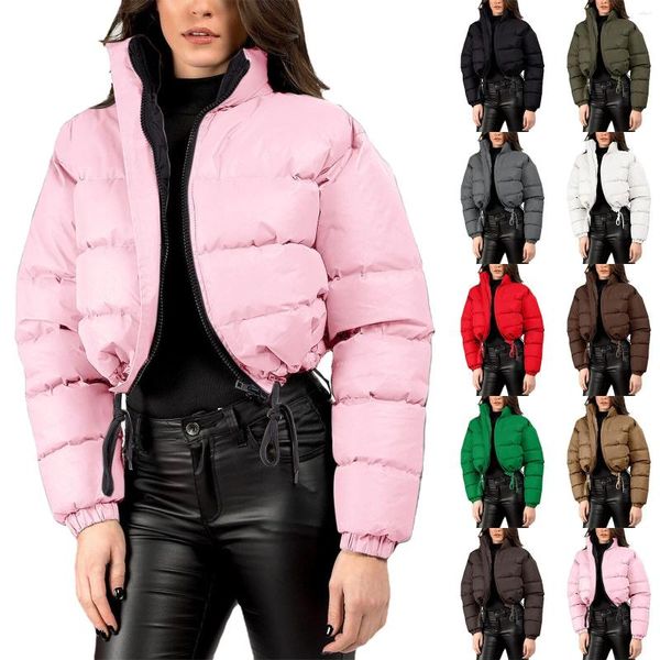 Damenjacken, Wintermäntel, kurze Pufferjacke, Reißverschluss, Stehkragen, Taschen, lange Ärmel, warm, trendig, kurze Daunenjacke für Damen, Oberteile