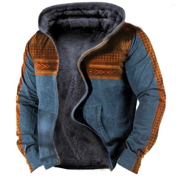 Hoodies masculinos 3d outono jaquetas de inverno para homens clássico vintage quadrado grade com capuz zíper velo algodão westeastern hoodie