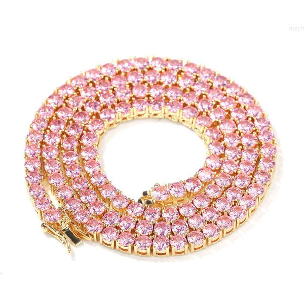 Bonito estilo jovem luxo masculino feminino diamante totalmente gelado 4mm cor personalizada arco-íris colorido zircão rosa cz tênis corrente colar
