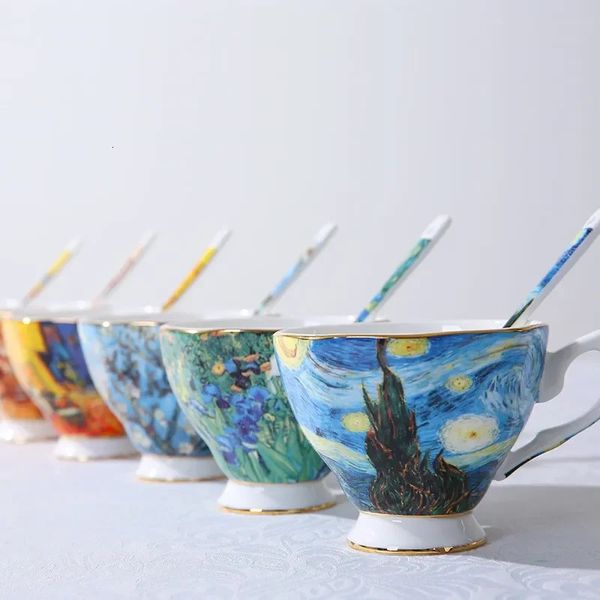 Tazze Tazze da caffè Van Gogh in porcellana fine Bone China di alta qualità con piattino Set da caffè Bicchieri per la casa 231204