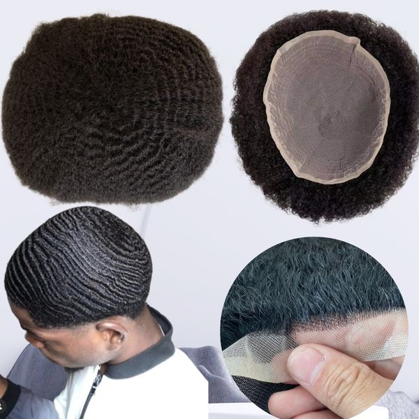 Parrucchino a onda afro da 6 mm # 1b Colore nero Unità di ricambio per capelli umani in pizzo pieno per uomini neri