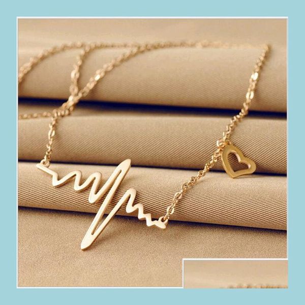 Anhänger Halsketten EKG Charm Halskette Elektrokardiogramm Liebe Herz Anhänger Herzschlag Rhythmus 18K Goldplatte EKG Schmuck Halsketten für D Dhybs