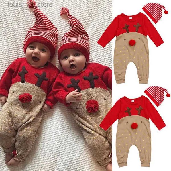 Рождественские милые детские комбинезоны для маленьких девочек и мальчиков, шапки, 2 шт., лоскутный красный комбинезон с принтом оленя, красные комбинезоны T231205