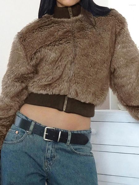 Giacche da donna Giacca corta in pile fuzzy Peluche Patchwork Colletto alla coreana Cappotto in sherpa Capispalla invernale casual da esterno