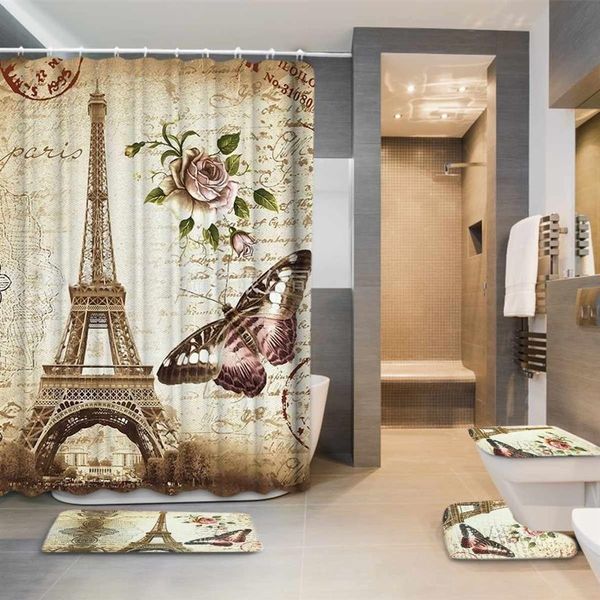 Eiffel Parigi Paesaggio Stampa Bagno Tenda Della Doccia Set Impermeabile Antiscivolo Piedistallo Tappeto Coperchio Wc Tappetino Da Bagno Set 201127231H