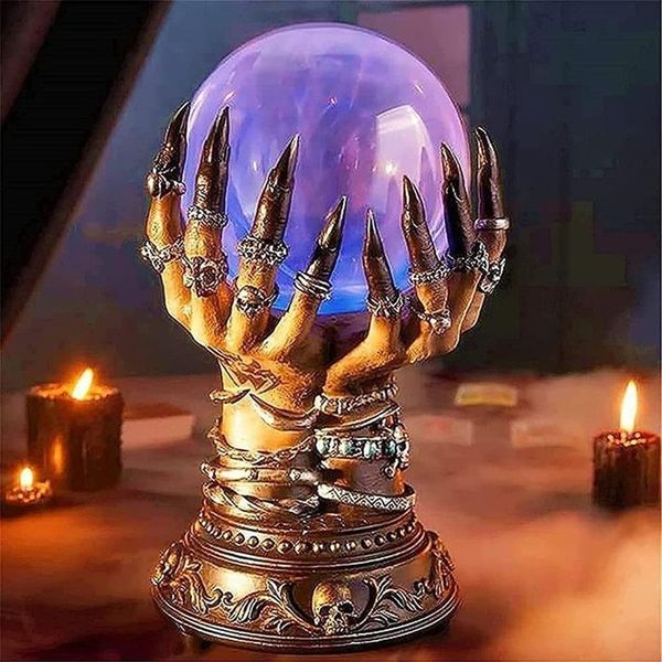 Halloween leuchtende Kristallkugel, magische kreative Hexenhände, Nachtlicht, Lampe, Totenkopf, Finger, Plasma-Dekorationen 220211284C