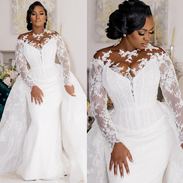 Plus size modesto sereia vestidos de casamento mangas compridas rendas vestidos de noiva vestido com trem destacável vestidos elegantes para noiva africano preto mulheres estilo country d059