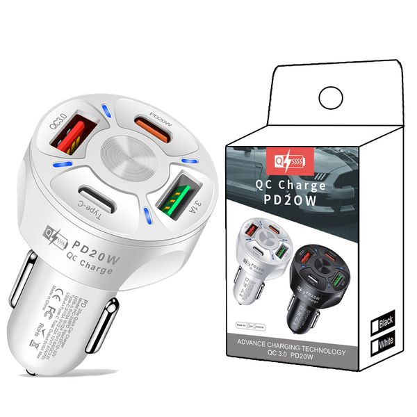 Carregamento rápido rápido 53W Dual PD USB C 4 portas Adaptadores de energia para carregador de carro para ipad 2 3 4 Iphone 12 13 14 15 Samsung Xiaomi huawei Android telefone com pacote de varejo